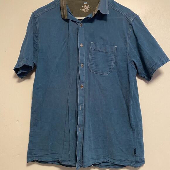 Kuhl Shirt Sz Medium Blue Organic Cotton Short Sleeve Button Up Pocket Outdoors - Picture 1 of 4